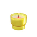 Veilleuse votive V03 Godet tulipe couleur jaune, plastique recyclé. Durée 6h Cire minérale. Hauteur 3.5 cm diamètre 4.3 cm Carton de 540 ou boite de 90 veilleuses. Ciergerie Desfossés