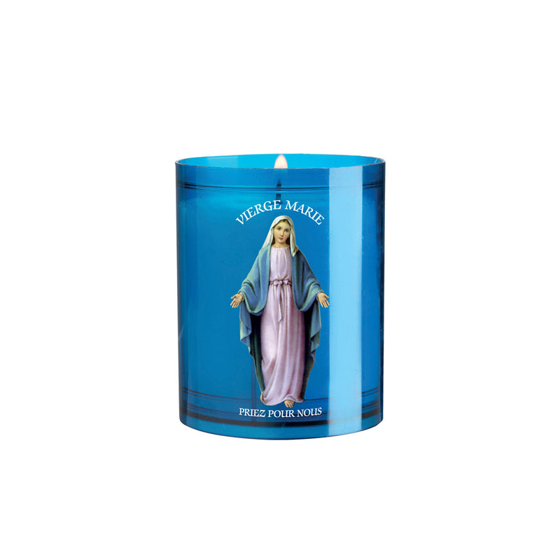 Veilleuse votive Vierge Marie V05 godet plastique recyclé bleu combustion 20h Ciergerie Desfossés