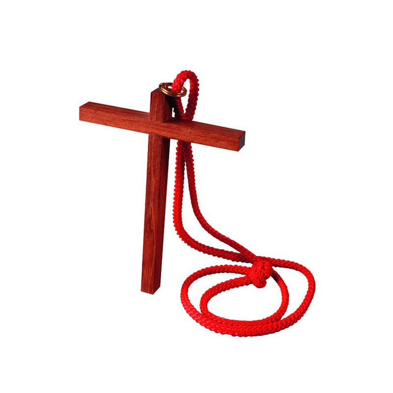 Croix de bois exotique, avec cordon 2 couleurs au choix blanc ou rouge  H 10 cm
