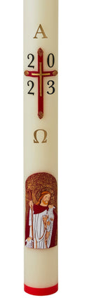 Cierge Pascal avec décoration "Croix Christ Bon Berger"  Décor exclusif avec relief. Disponible en différentes hauteurs (80 cm / 100 cm / 120 cm) et qualités de cire (classique et 30% cire d'abeille). Ciergerie Desfossés