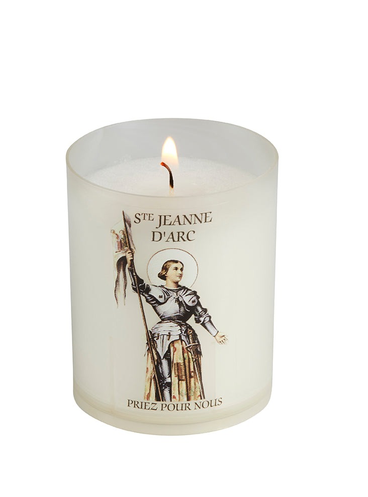 Bougie votive effigie Sainte Jeanne d'Arc. Veilleuse votive godet 100% naturel, zéro plastique. Une flamme pour 20 heures. Ciergerie Desfossés