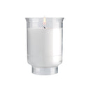 Bougie votive modèle format tulipe  fabriqué en plastique recyclé. Une flamme durant 30h.. Godet coloris transparent, réf. V09. Ciergerie Desfossés
