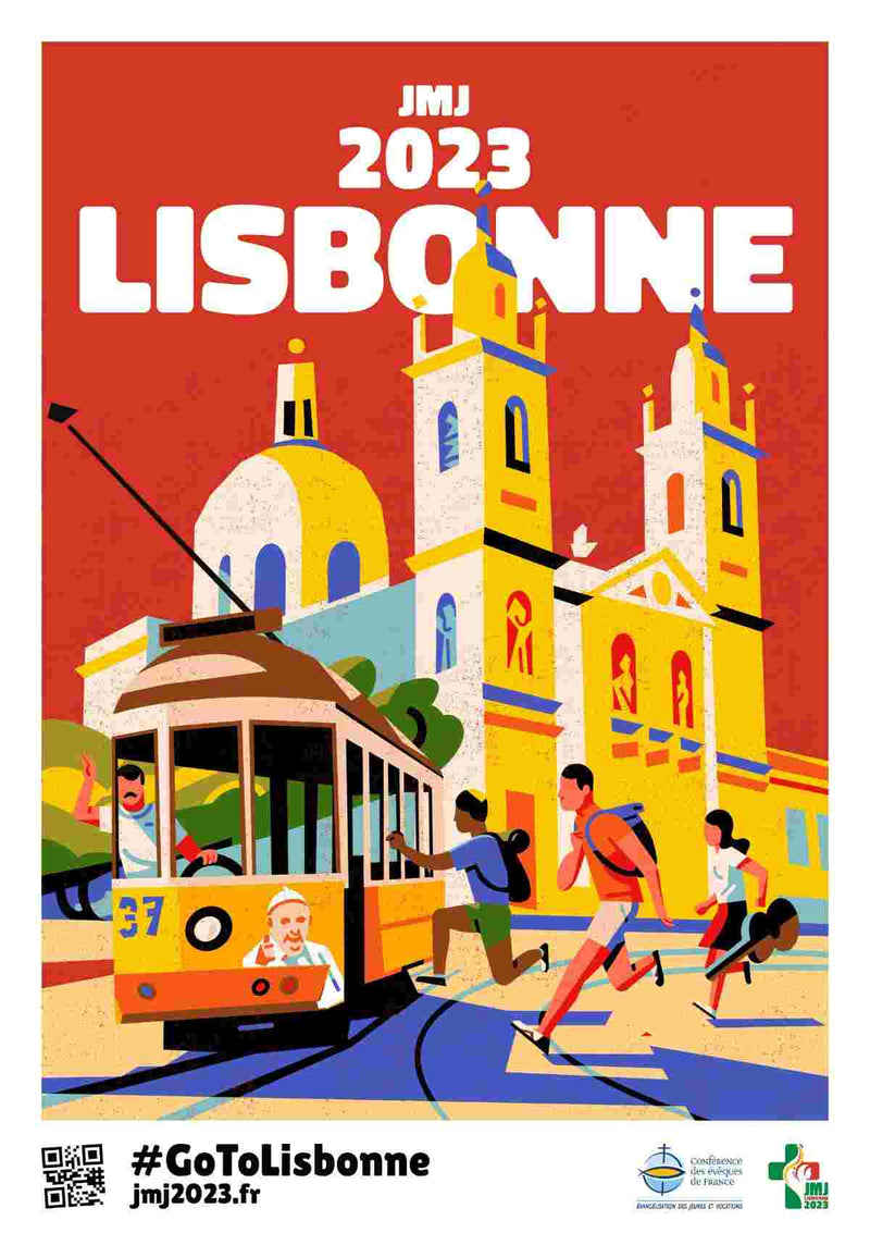 Affiche Journées Mondiales de la Jeunesse Lisbonne juillet 2023. Ciergerie Desfossés
