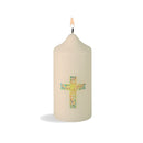 Cierge de communion  orné  d'une Croix Célébramus à dominante jaune Ciergerie Desfossés
