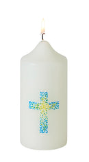 Cierge de communion  orné  d'une Croix Célébramus à dominante coloris bleu Ciergerie Desfossés